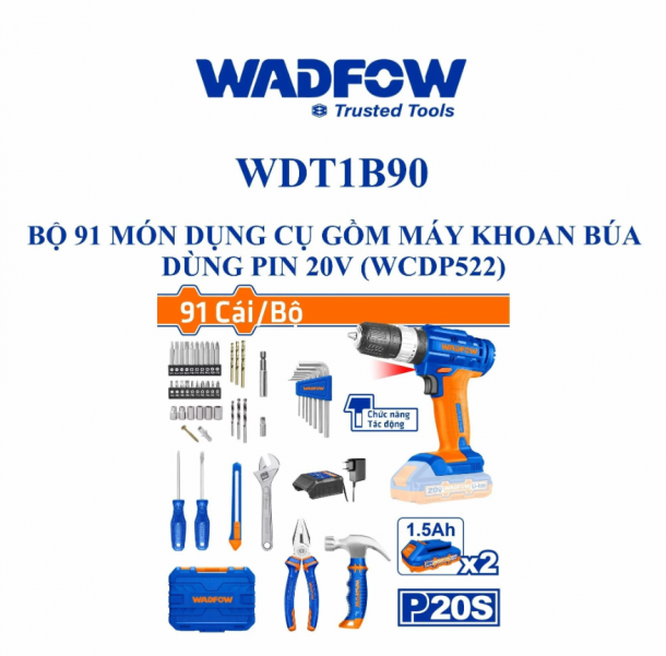 Bộ 91 món dụng cụ kèm máy khoan búa dùng pin 20V WADFOW WDT1B90