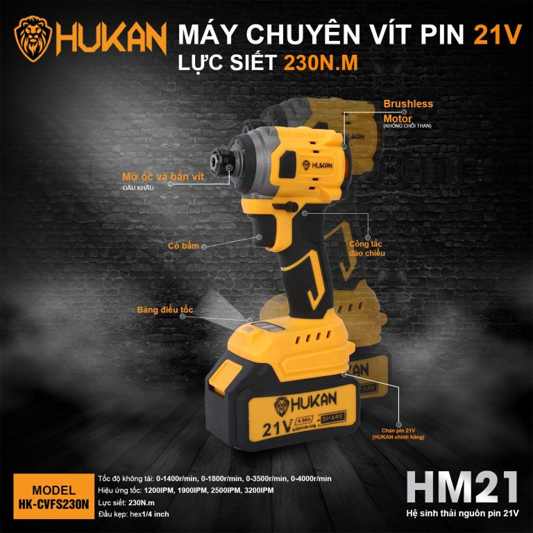 Máy chuyên vít Hukan HK-CVFS230N (Thân máy + 1 pin 10 cell super 4.0 + 1 pin 5 cell super 2.0 + Sạc 2A)