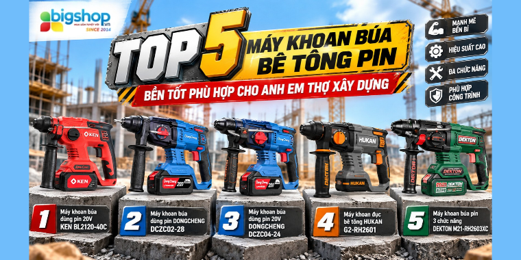 top 5 máy khoan búa bê tông pin