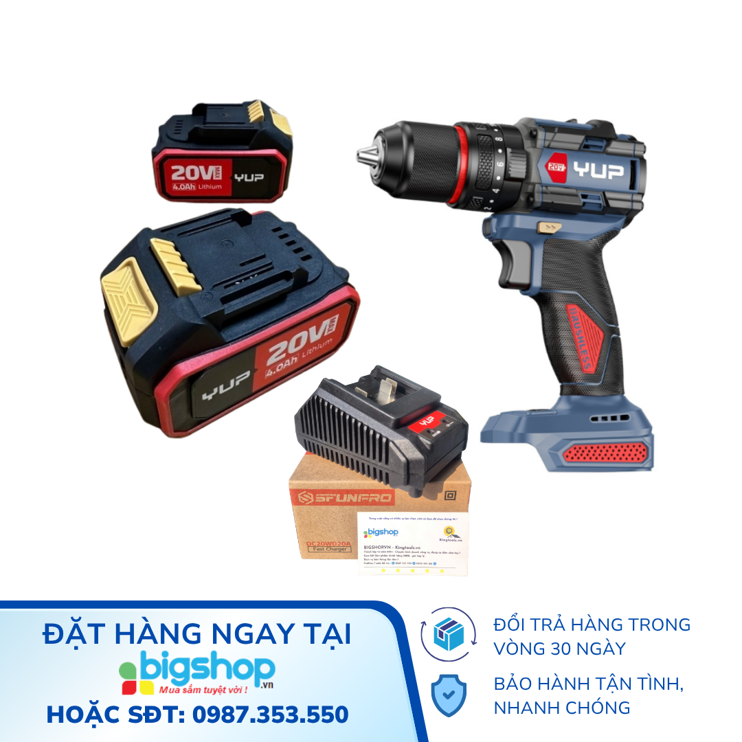 Máy khoan pin YUPAI YP20 DR13M-4.0 13mm có búa, 20V, 60N  (2 pin 4Ah, sạc, hộp nhựa)