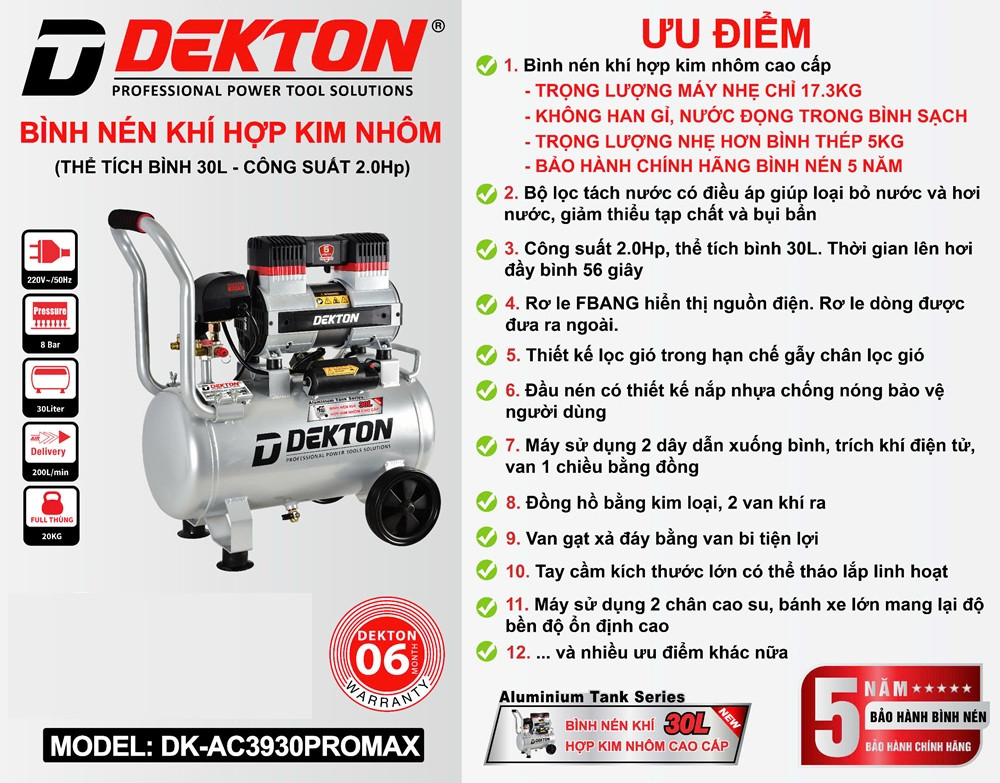 Máy Nén Khí nhôm Không Dầu Dekton DK-AC3930Promax