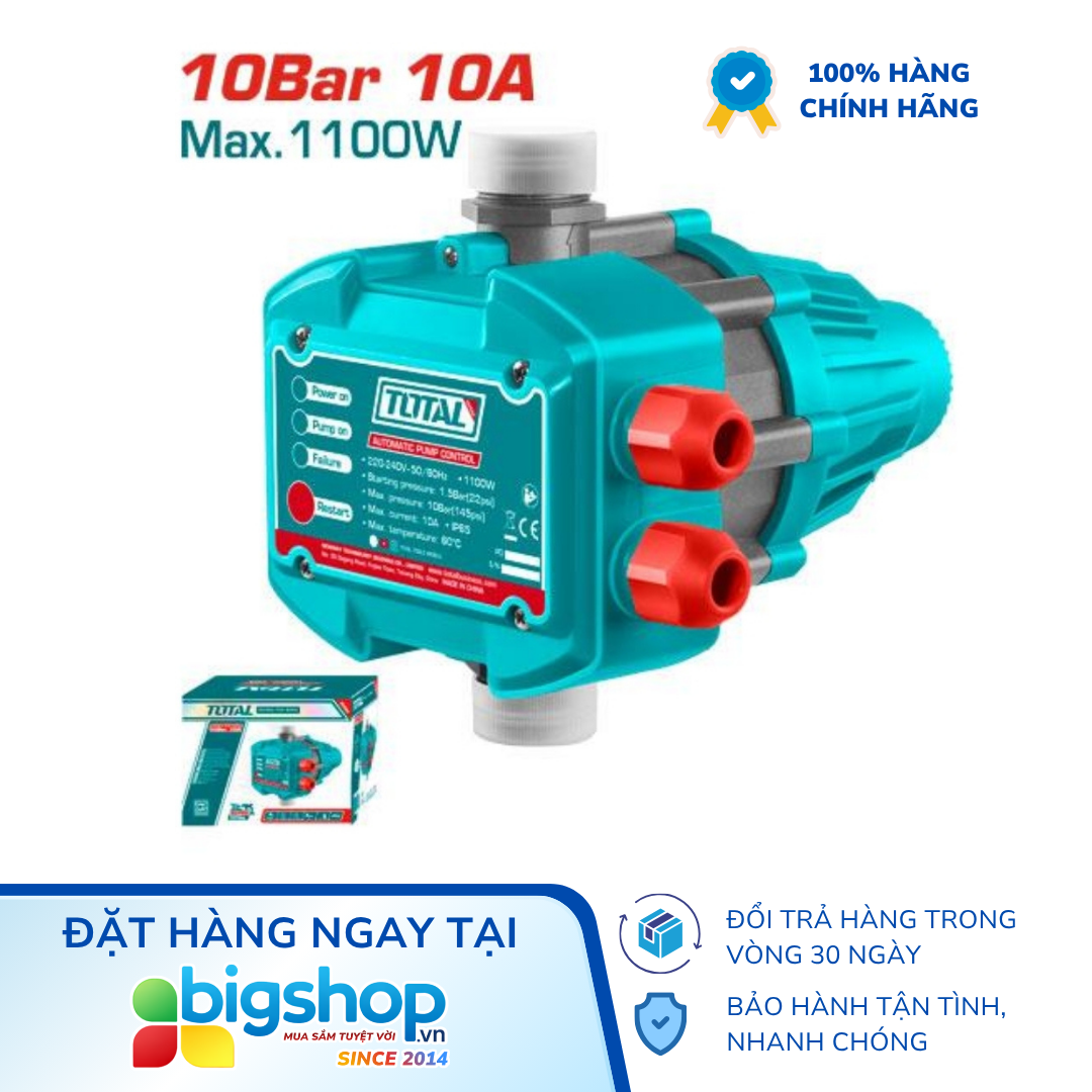 Máy rờ le bơm nước tự động bằng áp suất TOTAL TWPS101 (Công suất 1100W, 10Bar)