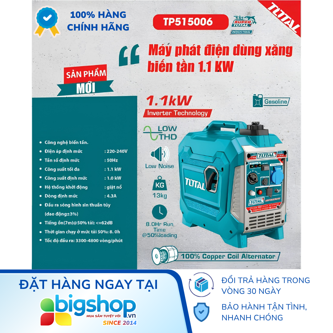Máy phát điện dùng xăng biến tần 1.1KW TOTAL TP515006