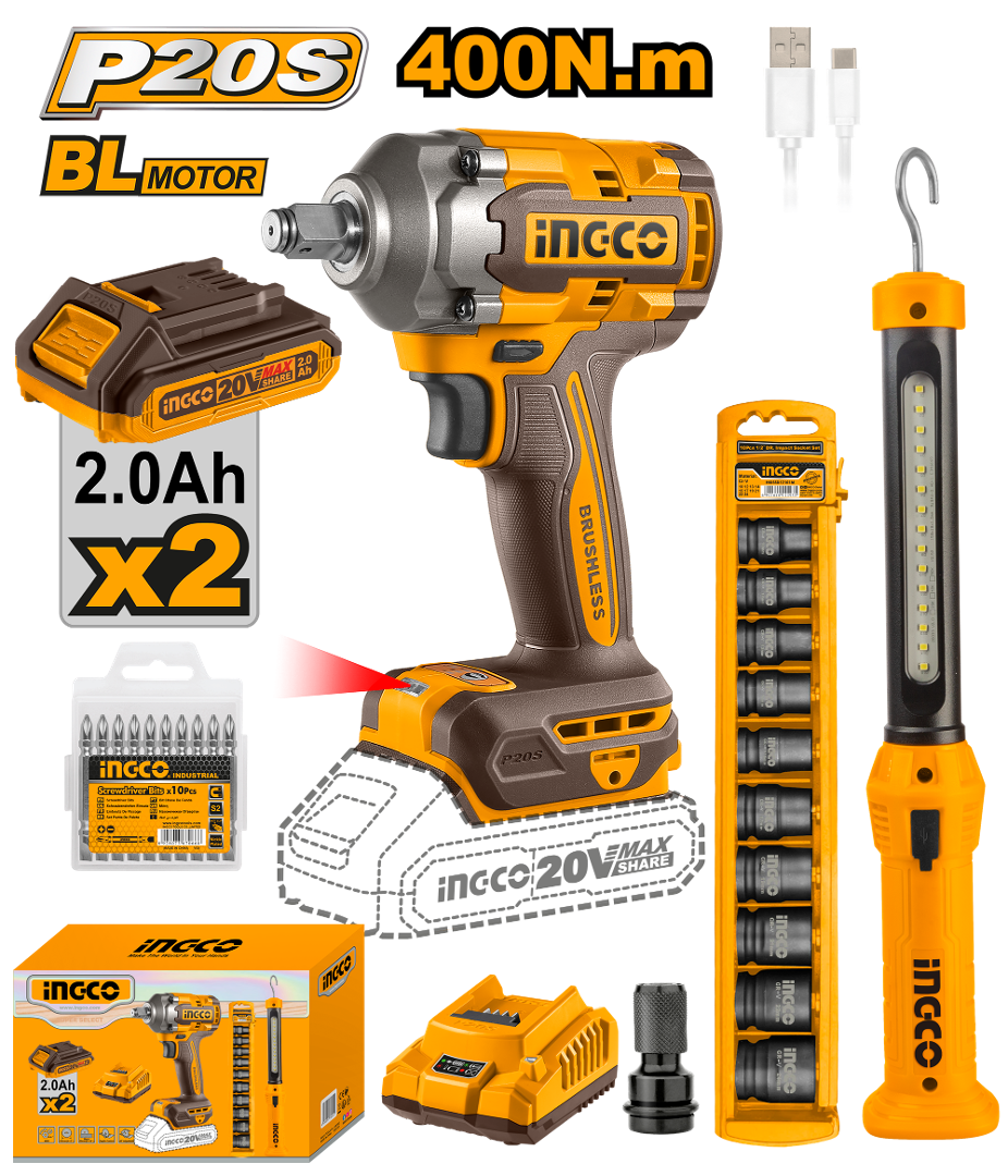 Bộ combo Máy  siết bu lông  dùng pin 20V  (CIWLI2040) &  đèn pin  (HWLI35261) INGCO COSLI23048 