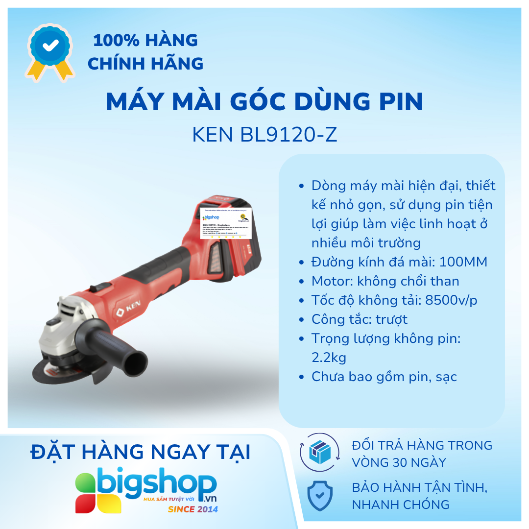 Máy mài góc dùng pin KEN BL9120-Z - Chưa bao gồm pin, sạc