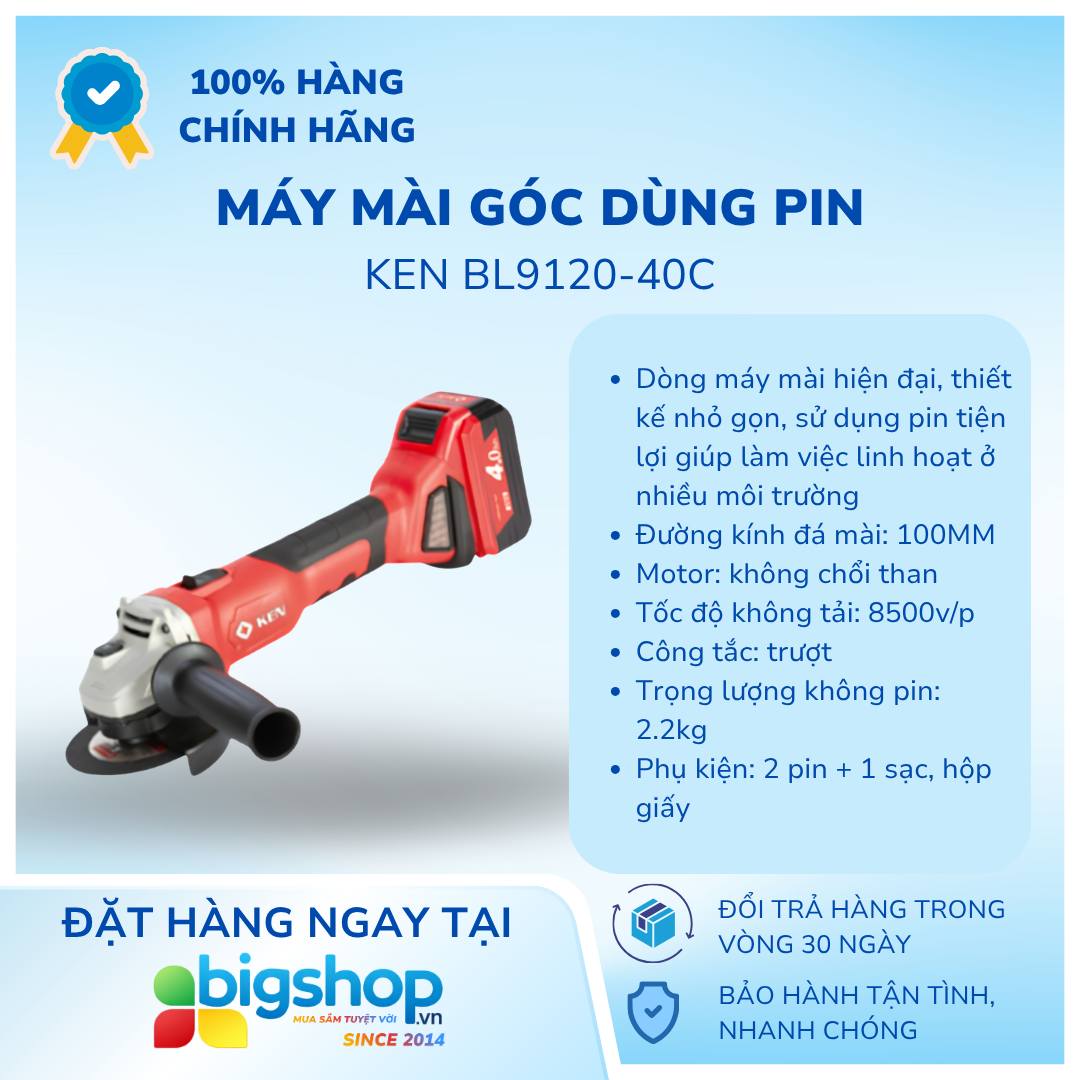 Máy mài góc dùng pin KEN BL9120-40C (2 pin 4.0Ah, 1 sạc)