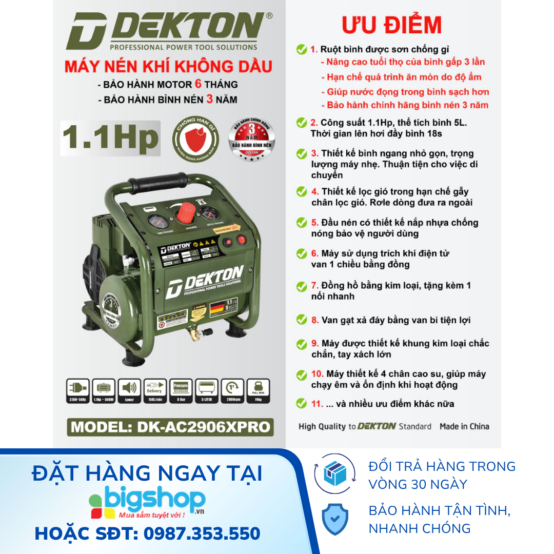 Máy nén khí không dầu 1.1HP DEKTON DK-AC2906XPRO