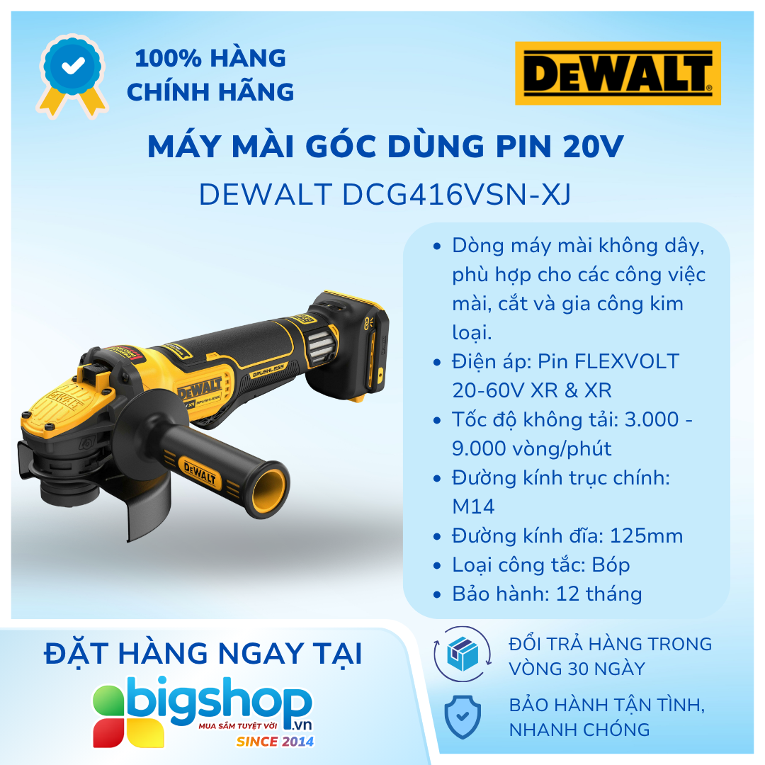 Máy mài góc dùng pin 20V DEWALT DCG416VSN-XJ - Đĩa 125mm, công tắc bóp (Thân máy)