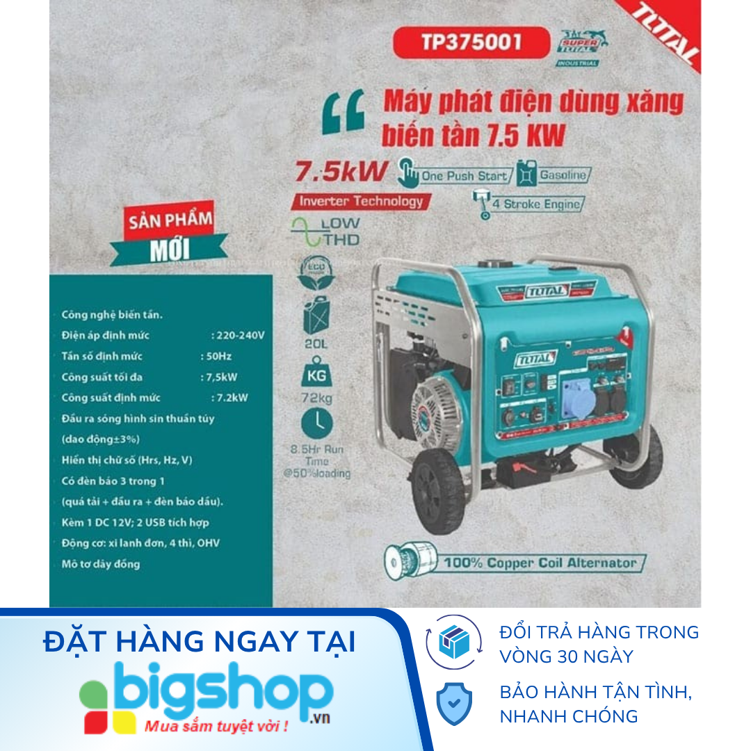 Máy phát điện dùng xăng biến tần 7.5KW TOTAL TP375001