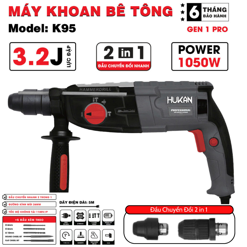 Máy khoan đục bê tông 3 chức năng(GEN 1 PRO) cs 1050W, K95 HUKAN