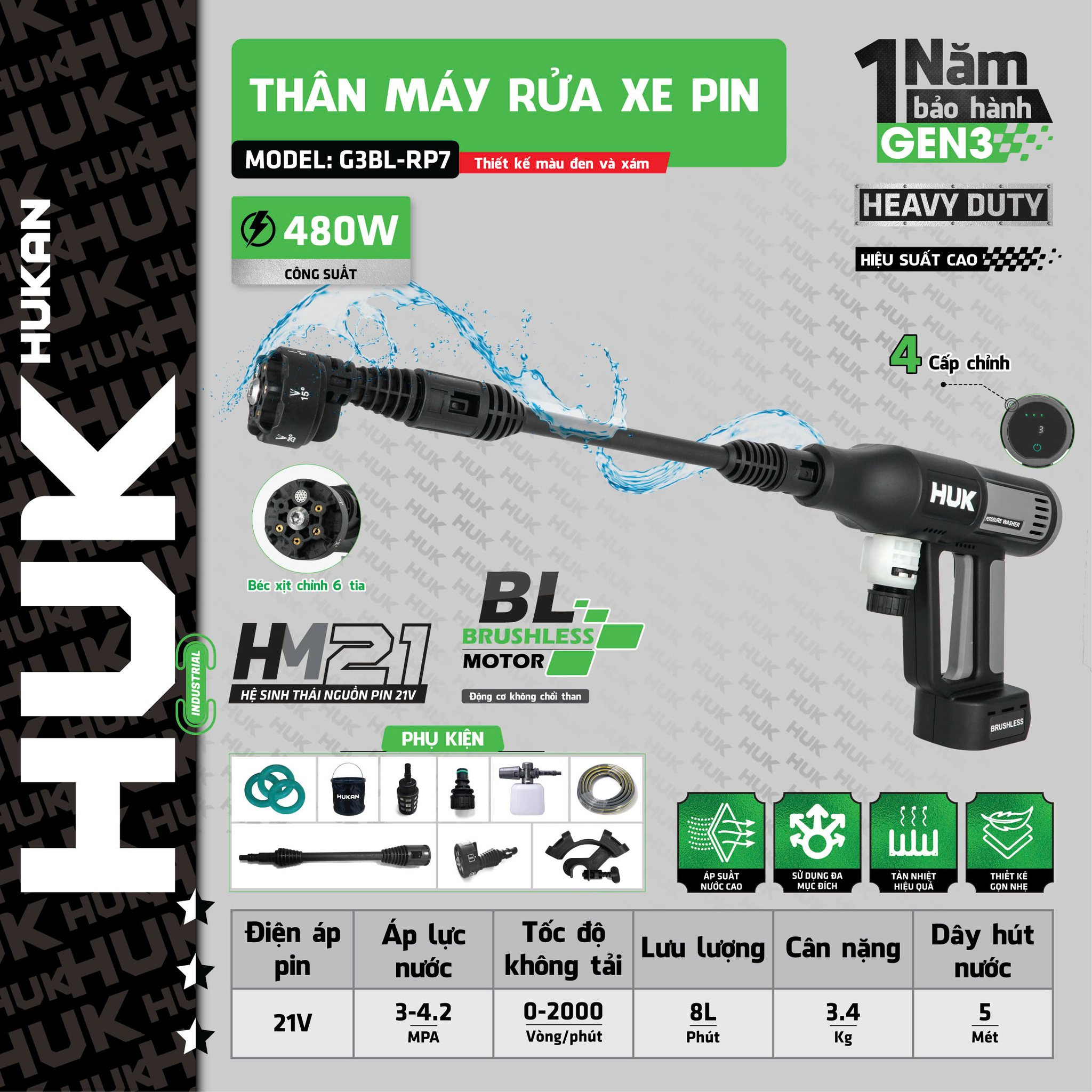 Thân máy rửa xe dùng pin (GEN 3) HUK G3BL-RP7(Chưa bao gồm pin & sạc)