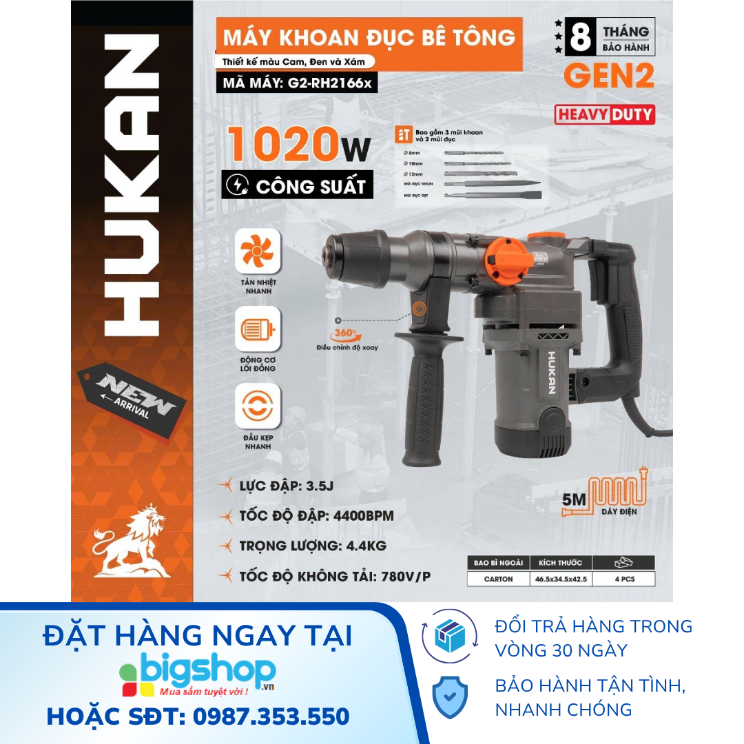Máy khoan đục bê tông 1020W HUKAN G2-RH2166x