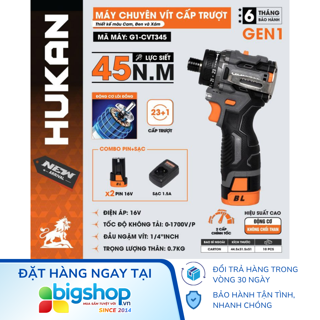 Máy chuyên vít cấp trượt HUKAN G1-CVT345 (GEN 1) - Lực siết 45Nm (2 pin 16V và sạc)