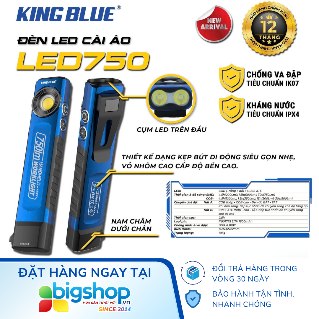 Đèn LED cài áo KINGBLUE LED750 (Độ sáng 750 Lm)