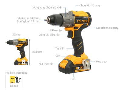 Máy khoan pin 20V 13MM có búa động cơ không chổi than TOLSEN 87252 ( 1 pin 2ah)