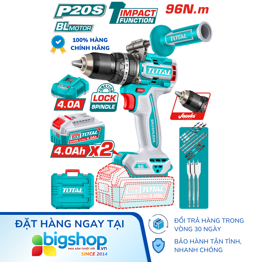 Máy khoan búa dùng pin TOTAL TIDLI209686 (2 pin 4.0Ah và sạc)