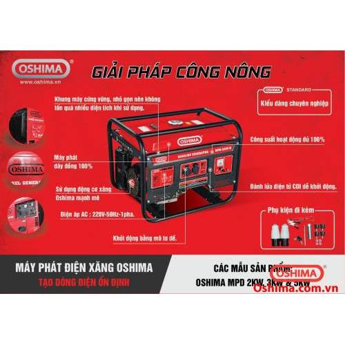 Máy phát điện Oshima MPD-3KW-D – Khởi động đề, dây đồng 100%, công suất 3KW