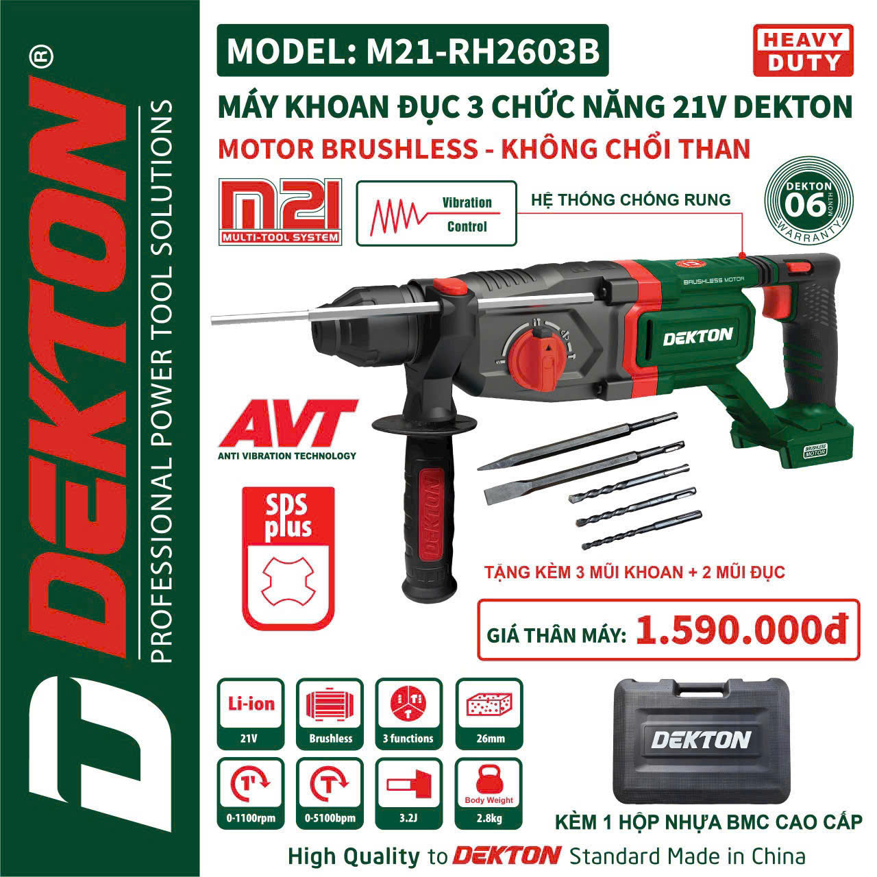 Máy khoan đục bê tông 3 chức năng DEKTON M21-RH2603B – Dùng pin 21V, lực búa 3.2J
