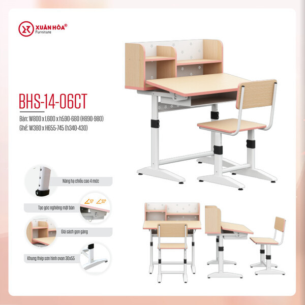 Bàn học sinh Xuân Hòa BHS-14-06 CT nẹp hồng