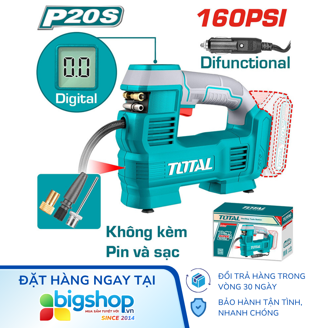 Máy bơm hơi dùng pin 20V hoặc dùng tẩu TOTAL TACLI2012 (Áp suất 160 PSI)