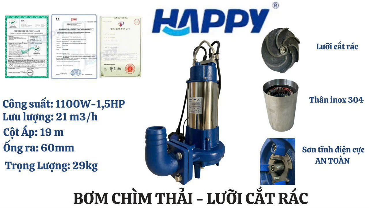 Máy bơm chìm nước thải HAPPY PUMP HCT1100, cao cấp có cắt rác