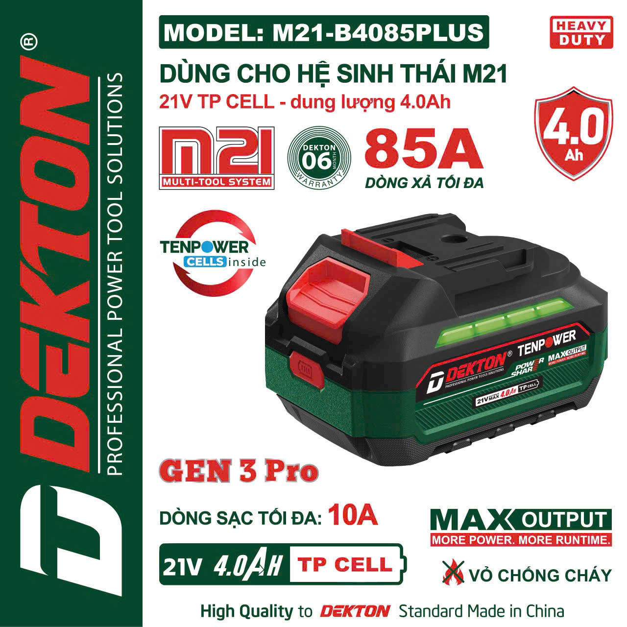 Pin 21V-4.0AH- DEKTON vỏ chống cháy, dòng xả cao - M21-B4015PLUS, 85A