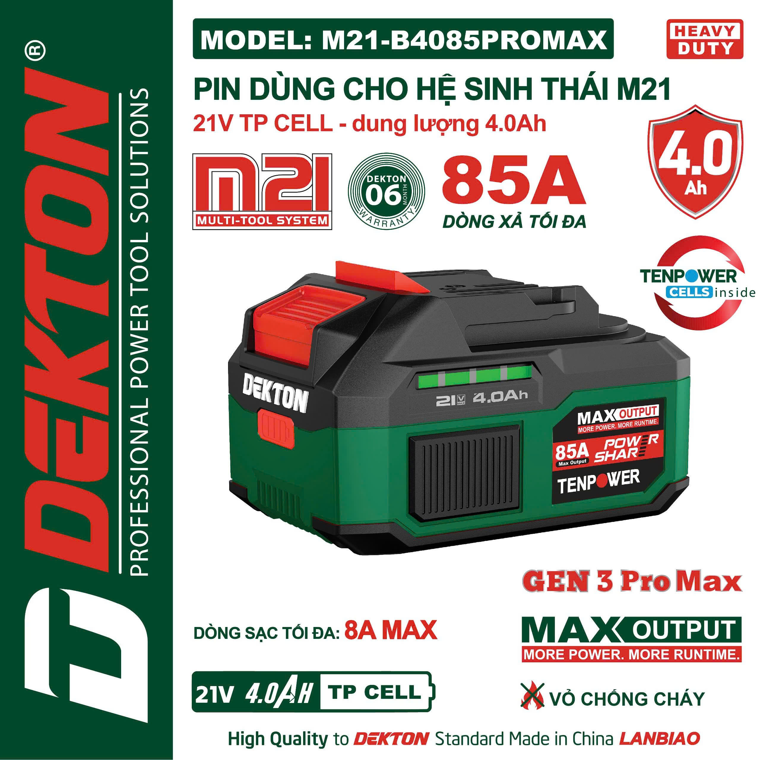 Pin 21V-4.0AH- DEKTON vỏ chống cháy, dòng xả cao - M21-B4085PROMAX, 85A, GEN 3