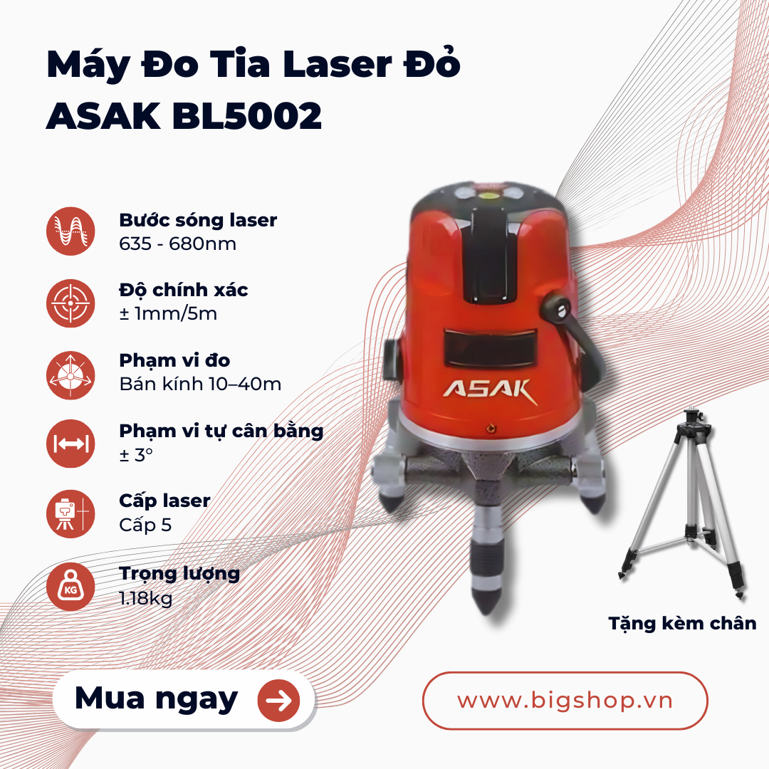 Máy cân mực laser 5 tia đỏ ASAK BL5002, tặng kèm chân