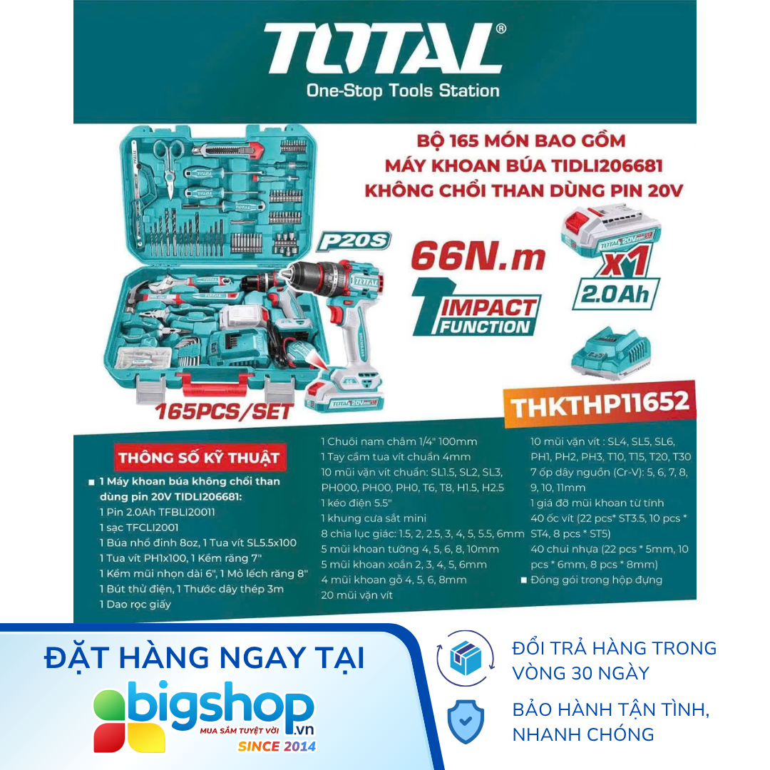 Bộ máy khoan búa pin 165 món TOTAL THKTHP11652 (Kèm máy khoan búa 66Nm TIDLI20668, 1 pin 2.0Ah và sạc)