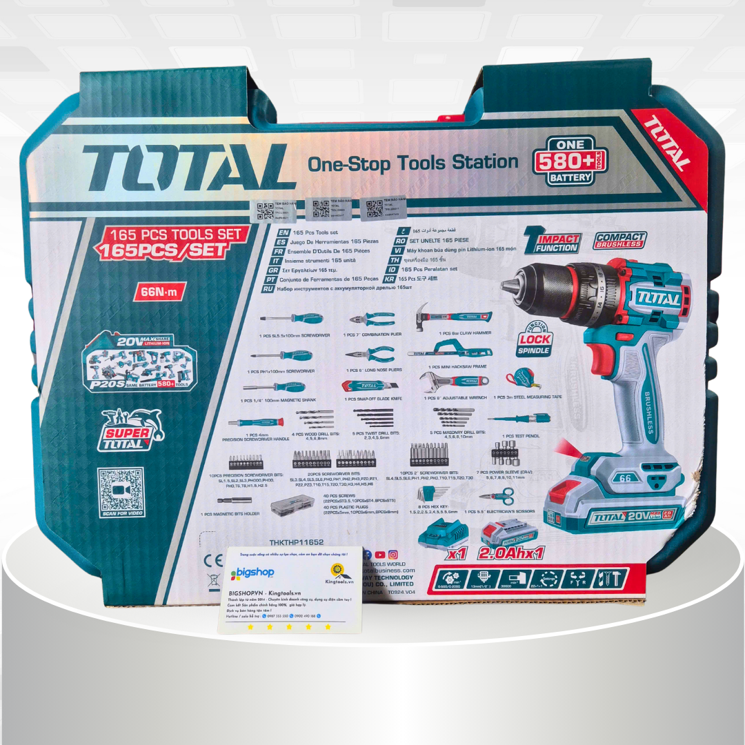 Bộ máy khoan búa pin 165 món TOTAL THKTHP11652 (Kèm máy khoan búa 66Nm TIDLI20668, 1 pin 2.0Ah và sạc)