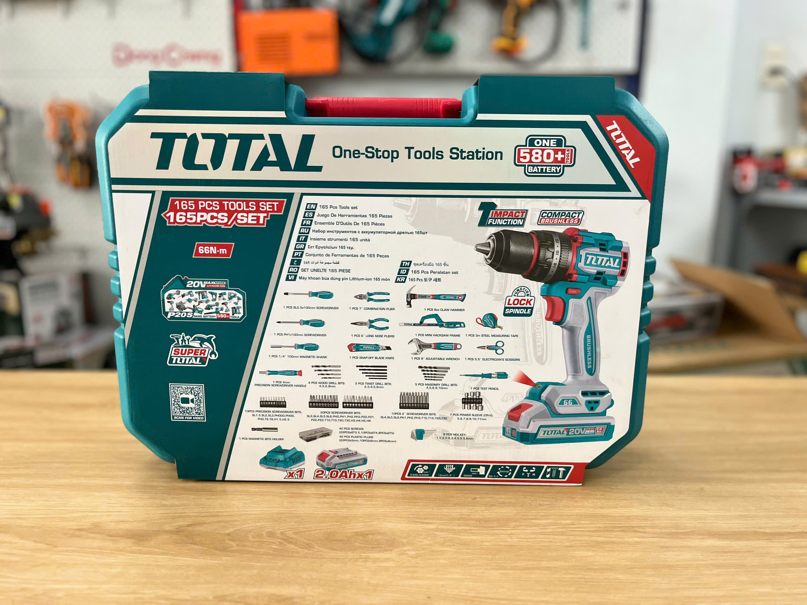Bộ 165 món TOTAL THKTHP11652 kèm máy khoan pin không chổi than TIDLI20668, 66N.m