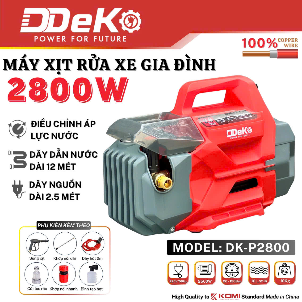 Máy rửa xe chỉnh áp 2800W DEKO DK-P2800