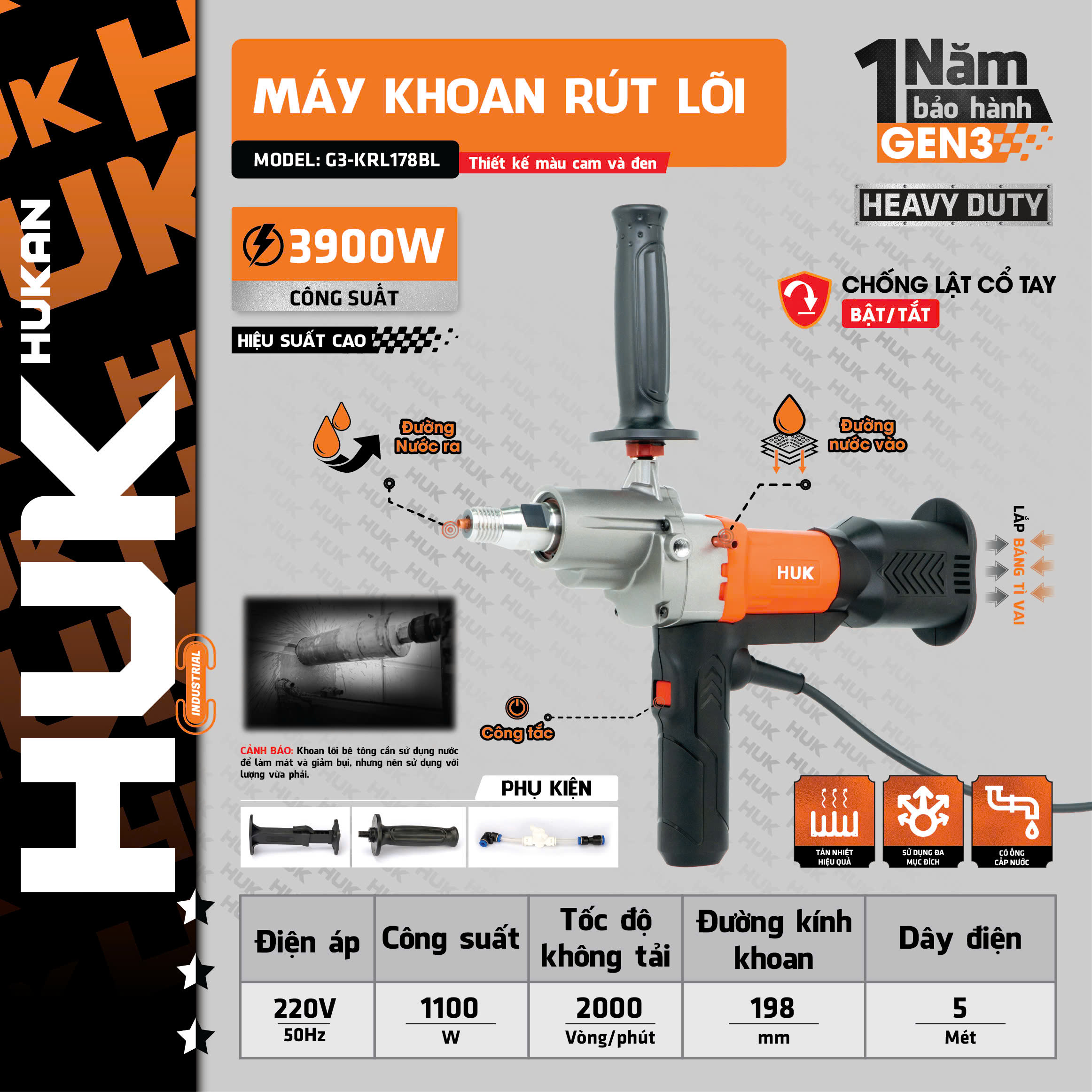  Máy khoan rút lõi (GEN 3) G3-KRL178BL HUKAN, mũi 198mm