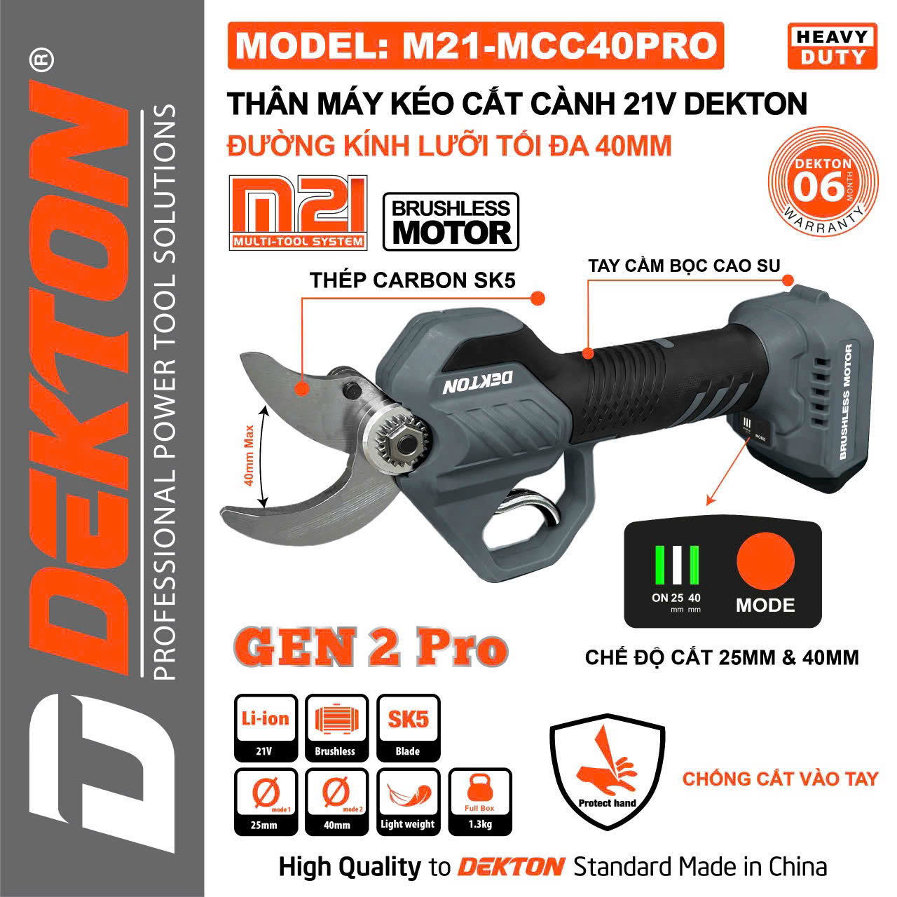 Kéo cắt cành dùng pin 21V Dekton M21-MCC40PRO