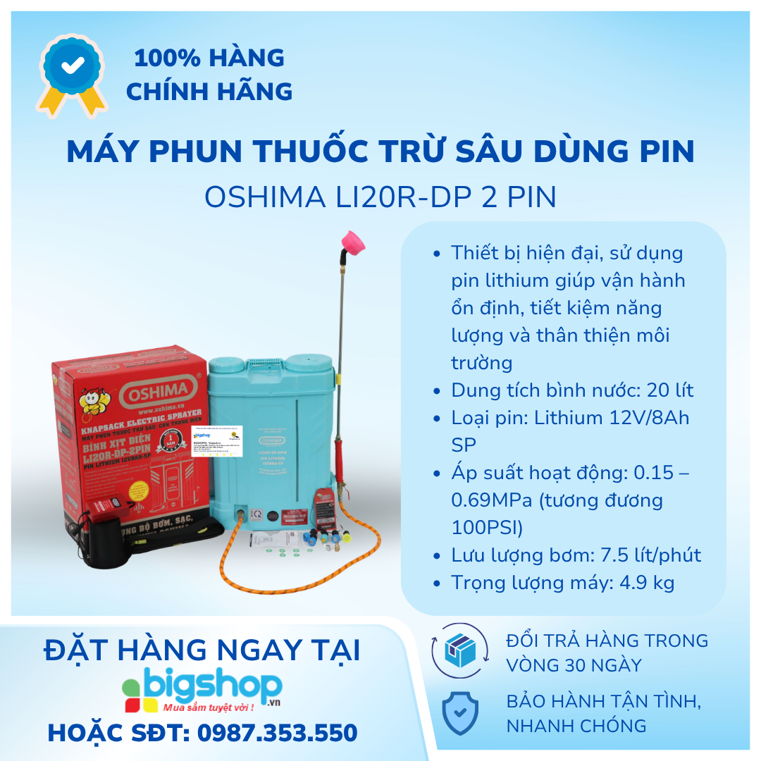 Máy phun thuốc trừ sâu, côn trùng điện dùng pin lithium OSHIMA Li20R-DP (2 PIN)