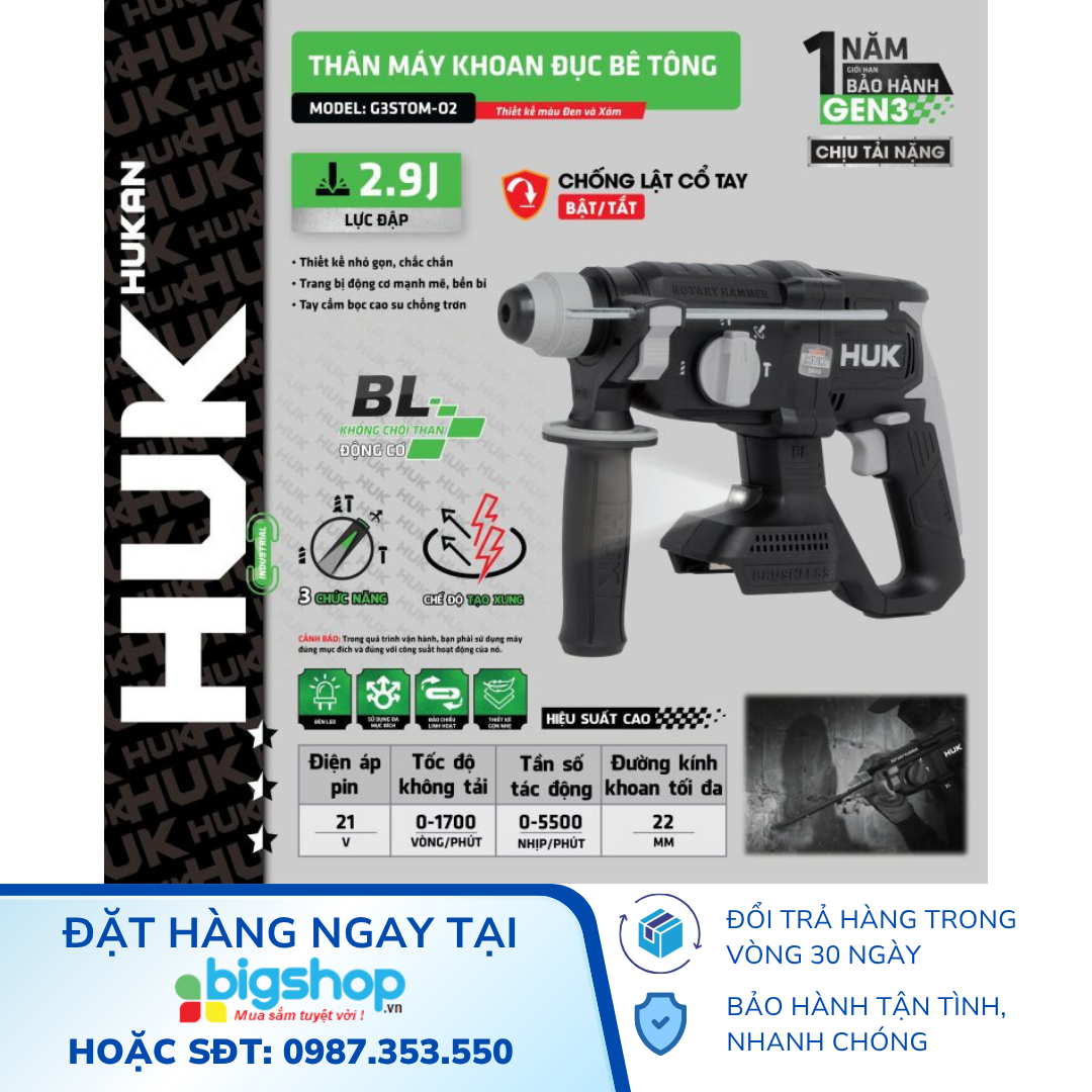 Máy Khoan Đục Bê Tông Pin 21V HUKAN G3STOM-02 (GEN 3, 2.9J)