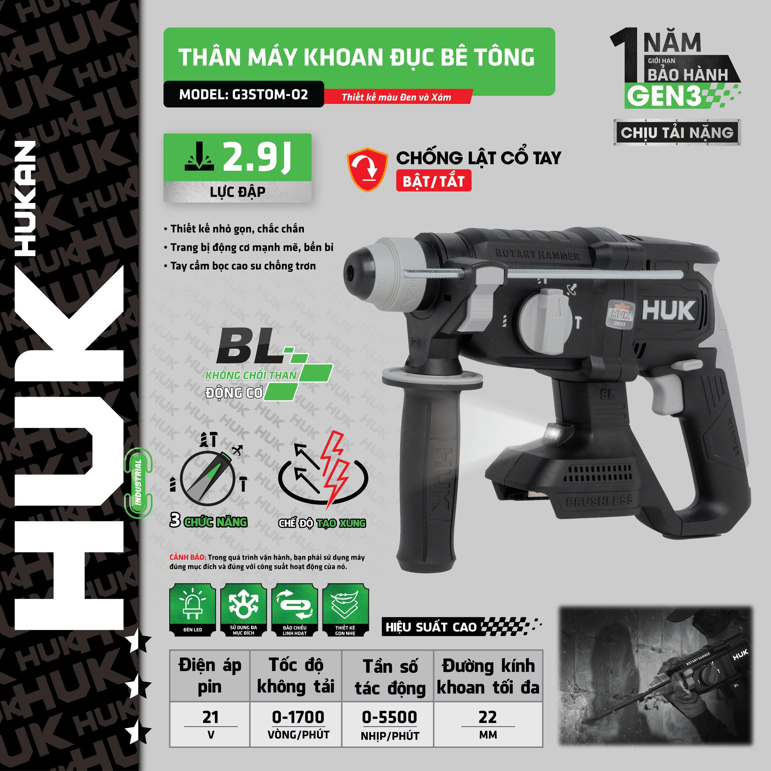 Máy Khoan Bê Tông Dùng Pin 21V HUKAN G3STOM-O2