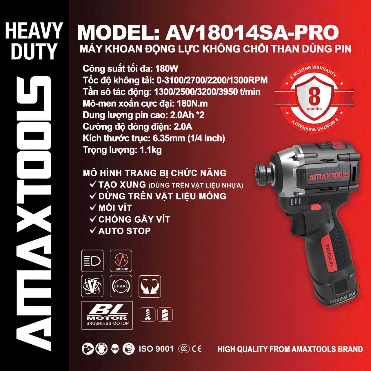 Máy chuyên vít có búa dùng pin 16V Amaxtools AV18014SA-PRO