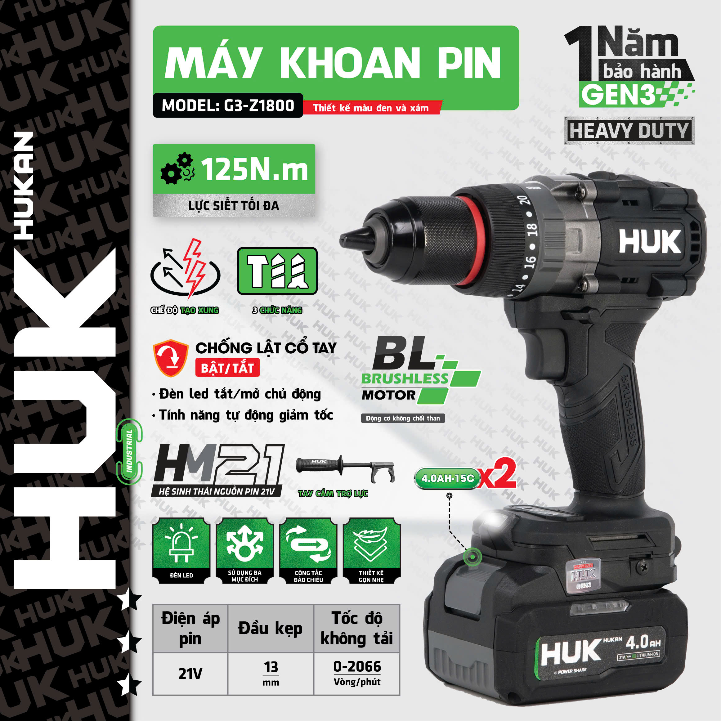 Máy khoan dùng pin 21V, 3 chức năng 13mm HUKAN G3-Z1800