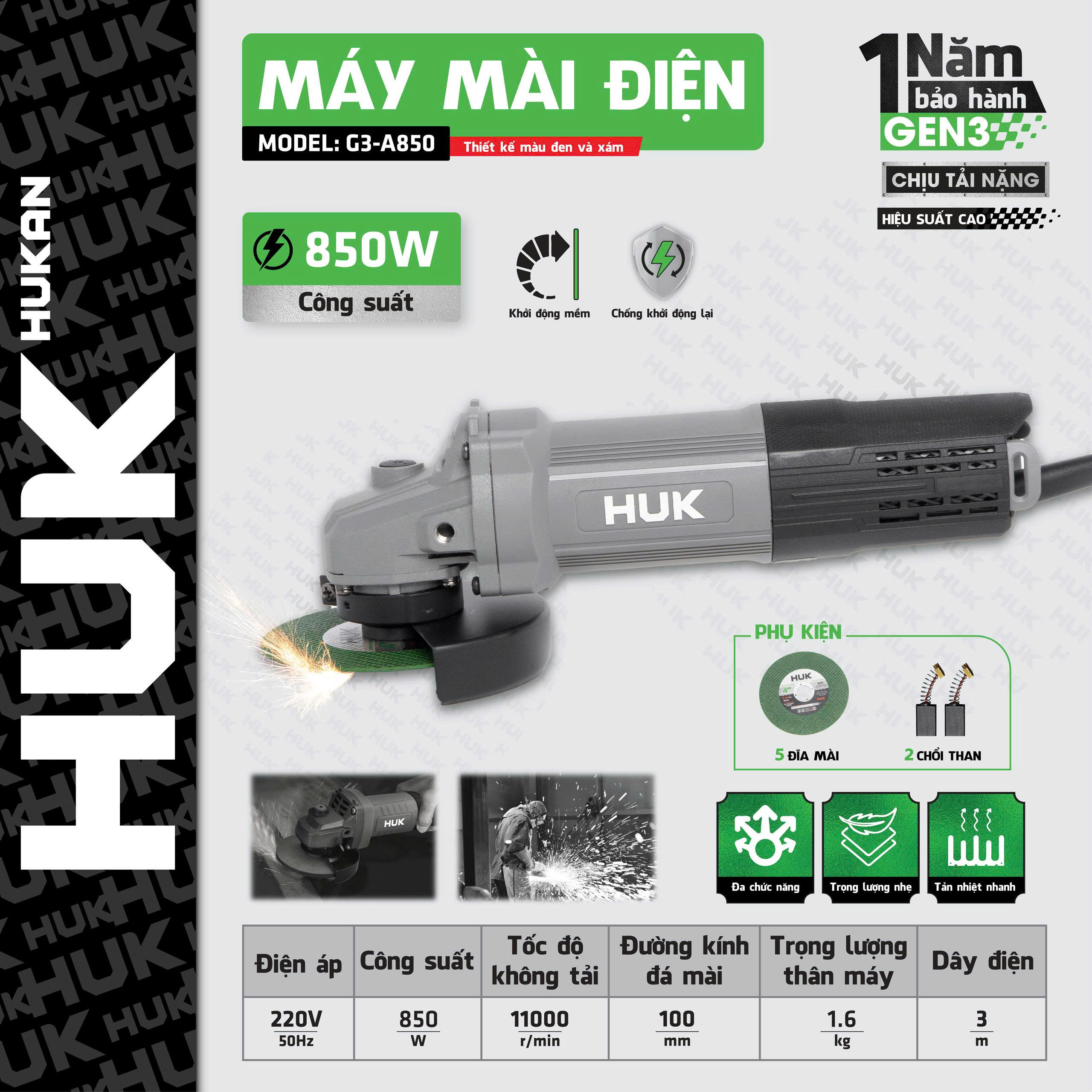Máy mài điện 850W 100mm HUKAN G3-A850 (Gen 3)