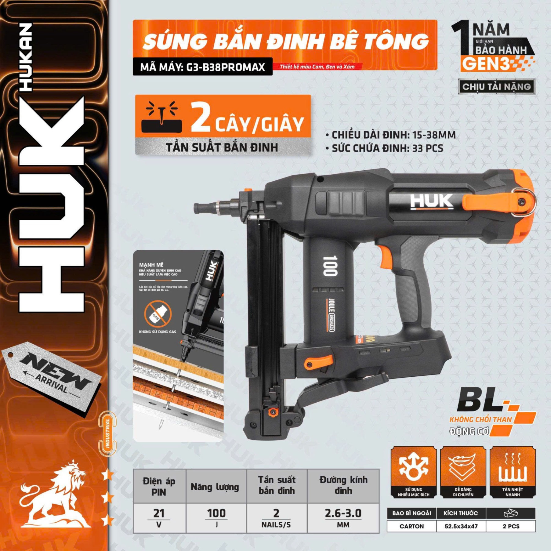 Máy Bắn Đinh Dùng Pin HUKAN G3-B38 PROMAX (GEN 3) – 21V