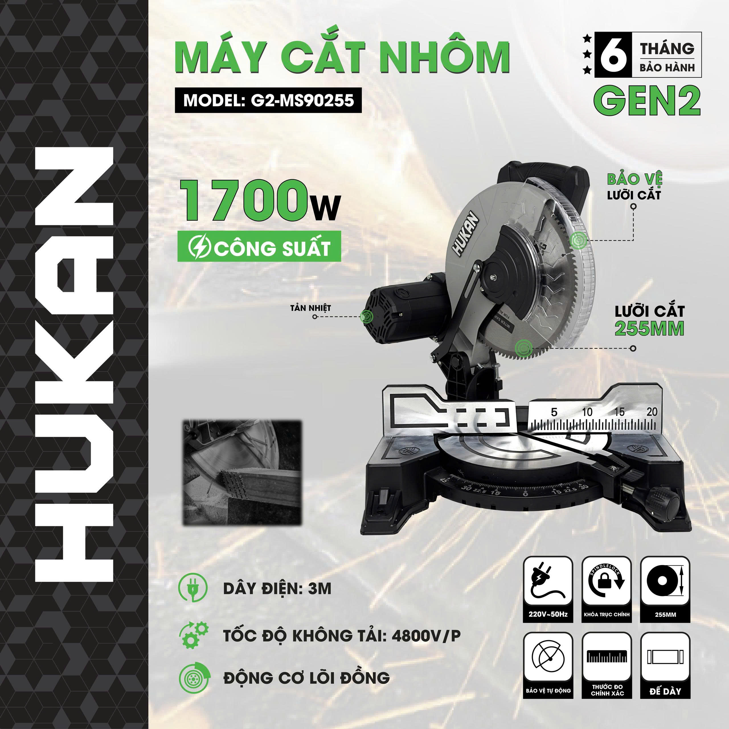 Máy cắt nhôm 1700W HUKAN G2-MS90255 (GEN 2)