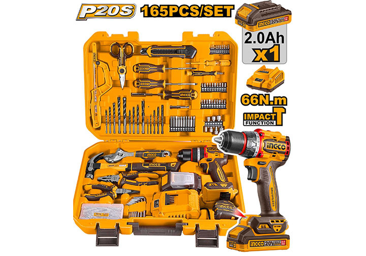Combo Bộ dụng cụ 165 chi tiết và máy khoan búa pin INGCO HKTHP11651, 66N
