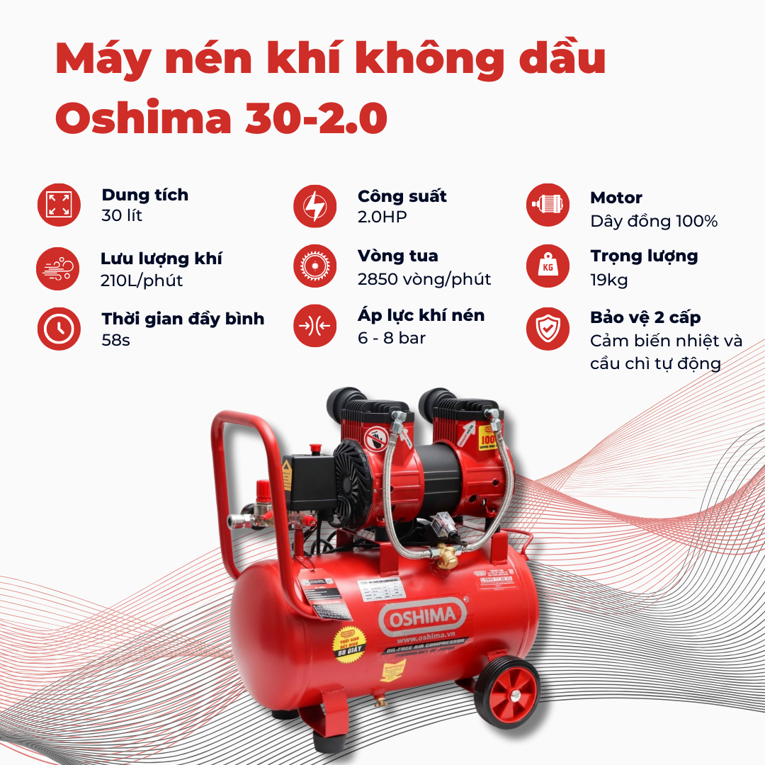 Máy nén khí không dầu Oshima 30-2.0, 30 Lít