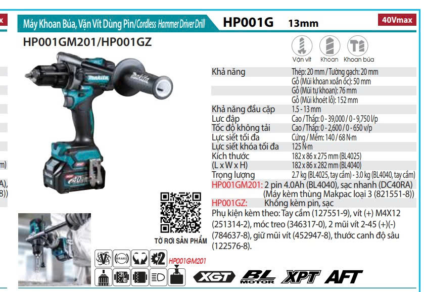 MÁY KHOAN BÚA & VẶN VÍT DÙNG PIN MAKITA HP001GM201 (40V MAX)