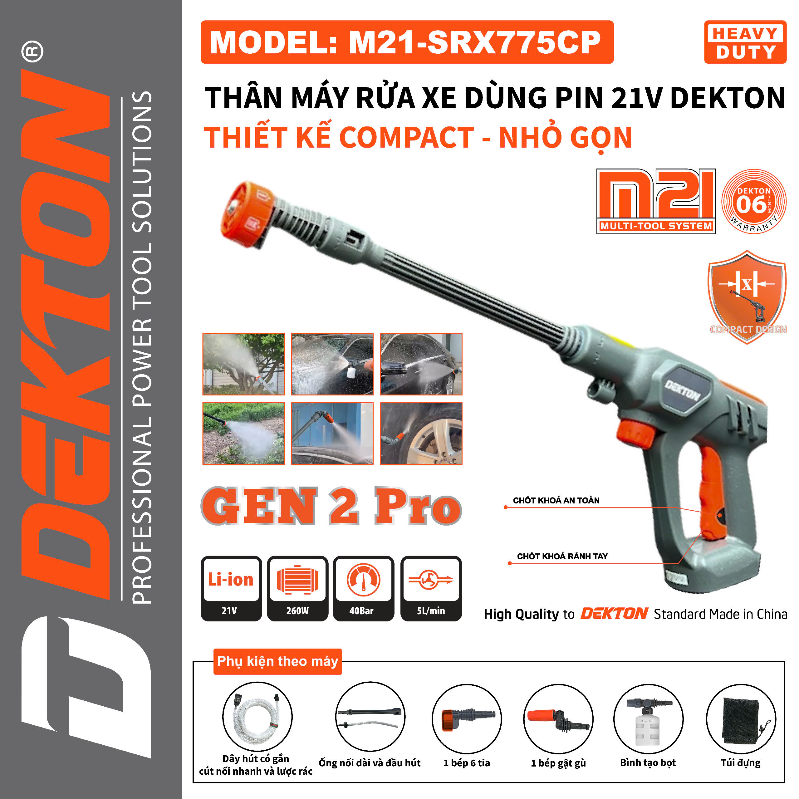 Combo máy rửa xe dùng pin Dekton mã M21 - SRX775CP ( 1 pin 4AH mã 4055A, Sạc S20XPRO)