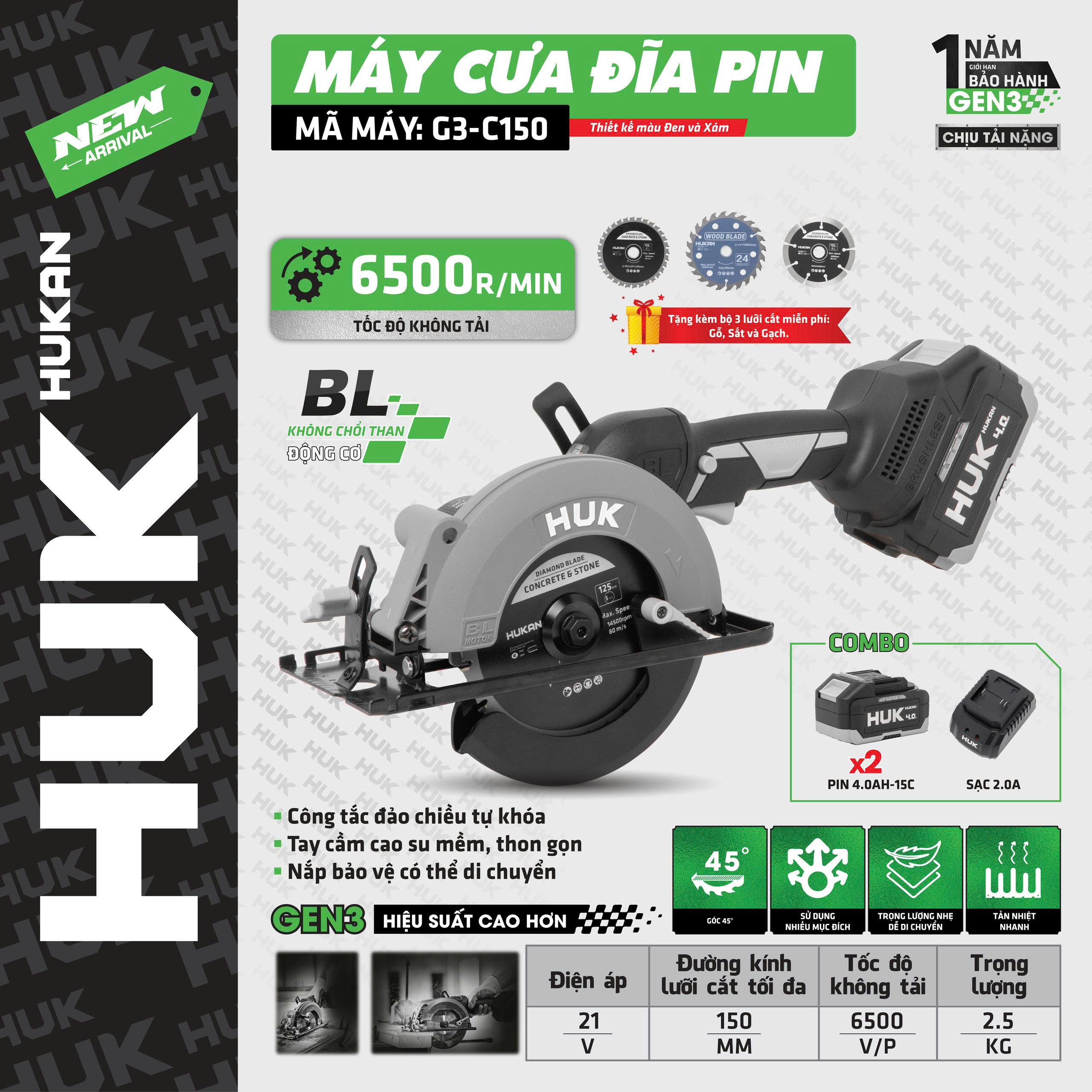 Máy cưa đĩa pin 21V 150mm Hukan G3-C150 (GEN3)