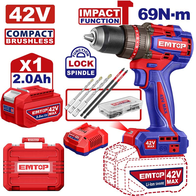 Bộ máy khoan PIN 42V 13mm 69N.m EMTOP ECIDL426981