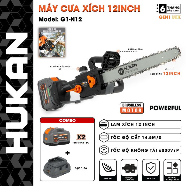Thân Máy Cưa Xích Pin 12 inch 1100W HUKAN G1-N12 (Gen1 Lux)
