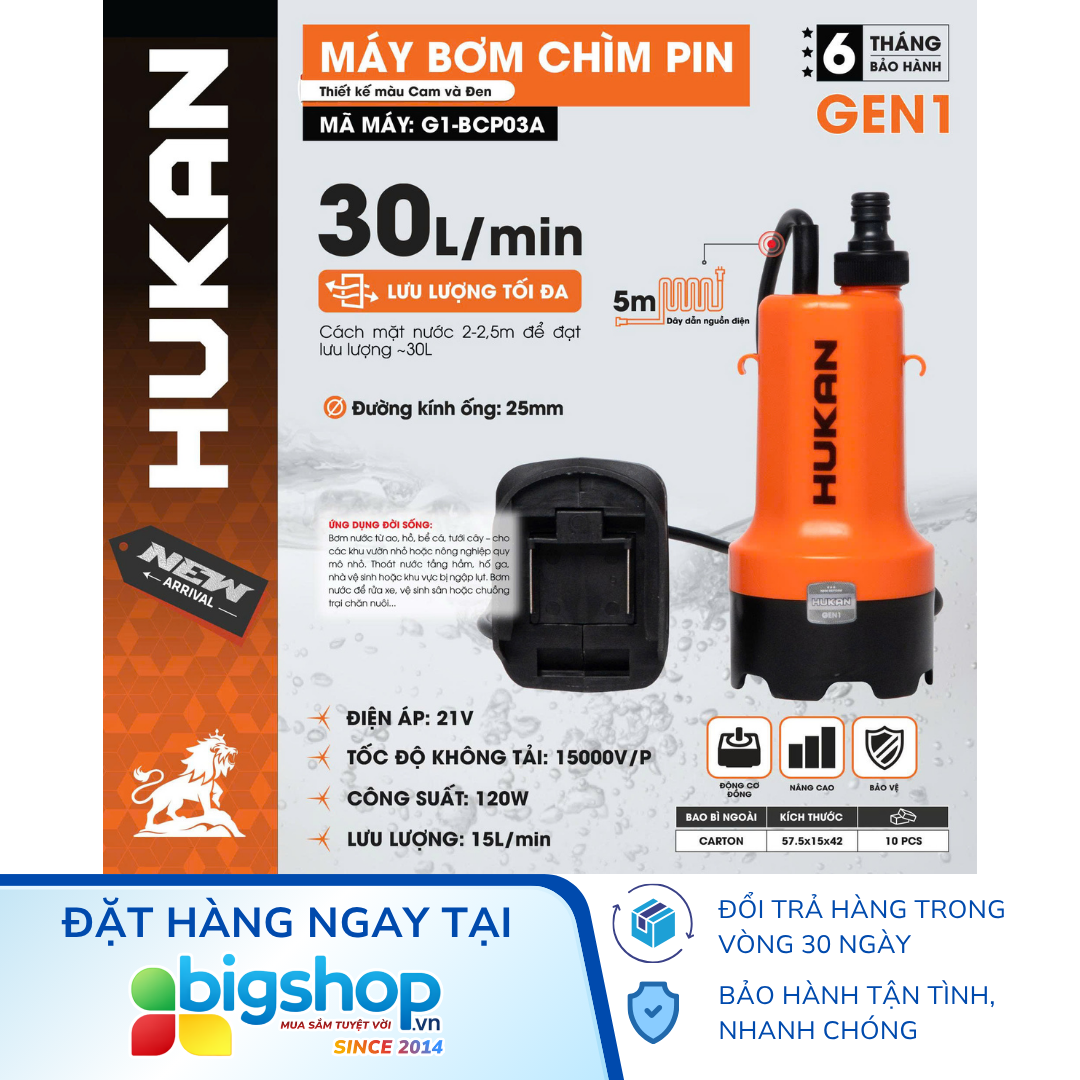 Máy bơm chìm dùng pin 21V 30L/phút HUKAN G1-BCP03A
